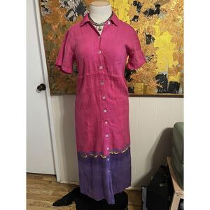 Match Pink & Purple Button Up Linen Maxi Dress With Hand Painted Waves Size 10